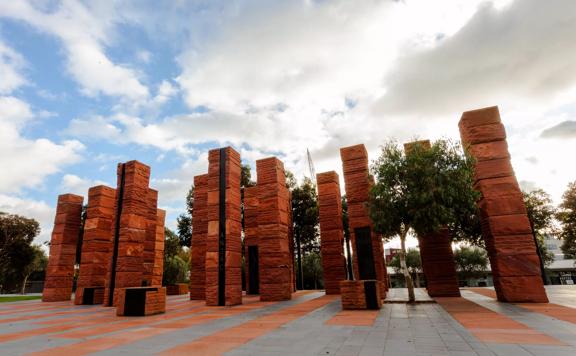 The Australian memorial at Pukeahu National War Memorial Park, red sandstone columns to symbolise the heart of Australia.