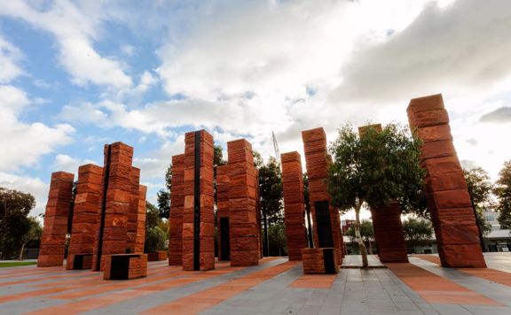 The Australian memorial at Pukeahu National War Memorial Park, red sandstone columns to symbolise the heart of Australia.