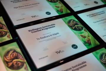 A close up of the awards won by the Wellington Sustainable Tourism Programme.