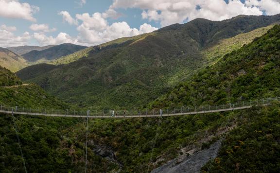 Looking into a valley in the Remutaka Range, where a swing bridge from the Remutaka Cycle Trail hangs above. A family walks over the bridge.