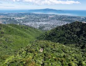 A drone shot from high above the summit of Te Au Track at Hemi Matenga Scenic Reserve  with panoramic views of the Waikanae Estuary and Kapiti Island.