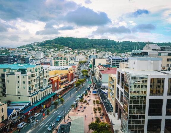 View of Courtenay place from Dirty Little Secret rooftop bar.