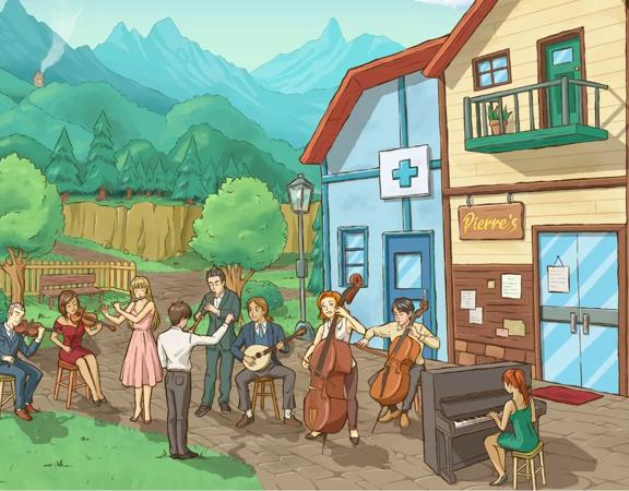 An illustration of an eight piece orchestra playing in a rural village setting, created to promote the Stardew Valley - A Festival of Seasons show. 
