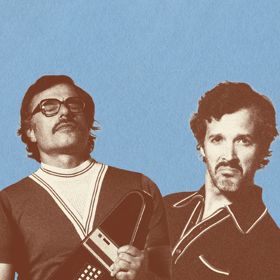 Stylised image of two people posing against a light blue background, with one holding a small stringed instrument.