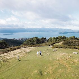 Two people walk along a grassy hilltop on the Skyline Walkway with a view of Wellington harbour in the background.