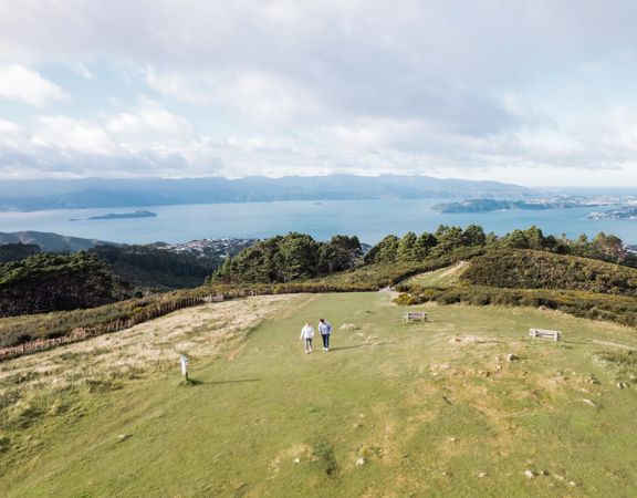 Two people walk along a grassy hilltop on the Skyline Walkway with a view of Wellington harbour in the background.
