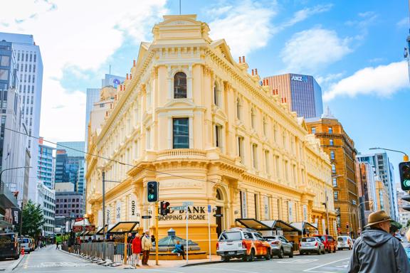 The Old Bank building located on Lambton Quay in Wellington's city centre. A three-story,  triangular-shaped, yellow building erected in 1901.