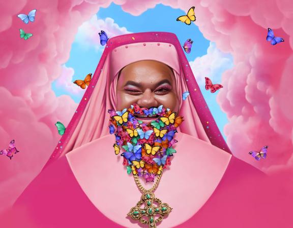 An opera performer in a pink nun's habit, winking, with a beard of colourful butterflies surrounded by pink clouds. A promotional image for 'Le Compte Ory' playing at NZ Opera from 13-15 June 2024.