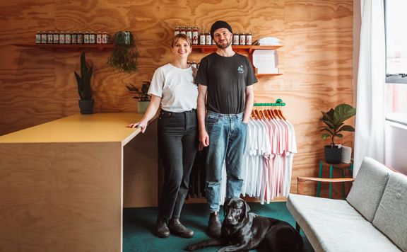 Lydia Harfield and Mat Watkins with their dog Benji.
