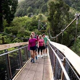 People walking along one of the two swing bridges over the river amongst trees in Kaitoke Regional Park.