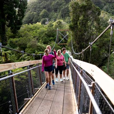 People walking along one of the two swing bridges over the river amongst trees in Kaitoke Regional Park.