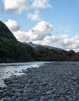 The Taitā Rock swimming hole in Lower Hutt, with lush green bush surrounding a blue river and large pebbles on the shore.