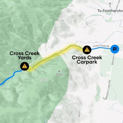 This map outlines the closure area at Cross Creek on the Remutaka Rail Trail section. The affected area is a 2km track from Cross Creek Yards to Cross Creek Carpark.