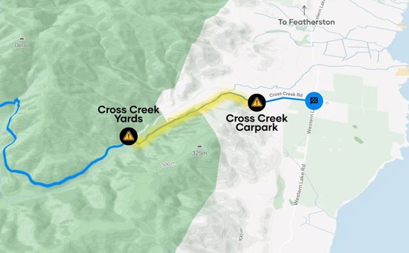 This map outlines the closure area at Cross Creek on the Remutaka Rail Trail section. The affected area is a 2km track from Cross Creek Yards to Cross Creek Carpark.