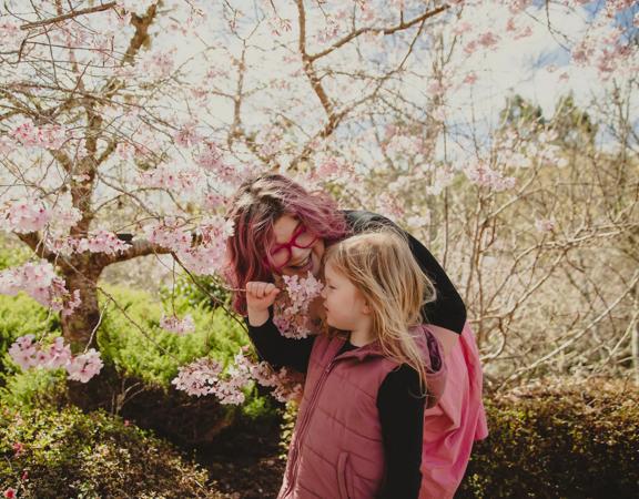 Parent and child at Blossom Valley. Parent smiles down at child, whilst child sniffs blossom flowers.