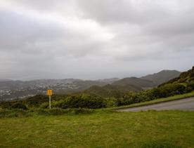 The Brooklyn Wind Turbine sits on a hill above Wellington, with views of the city. Bush and trees surround the area.