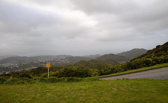 The Brooklyn Wind Turbine sits on a hill above Wellington, with views of the city. Bush and trees surround the area.