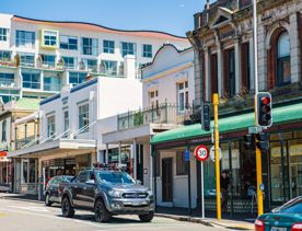 The top of Cuba Street in Te Aro, Wellington on a sunny day.
