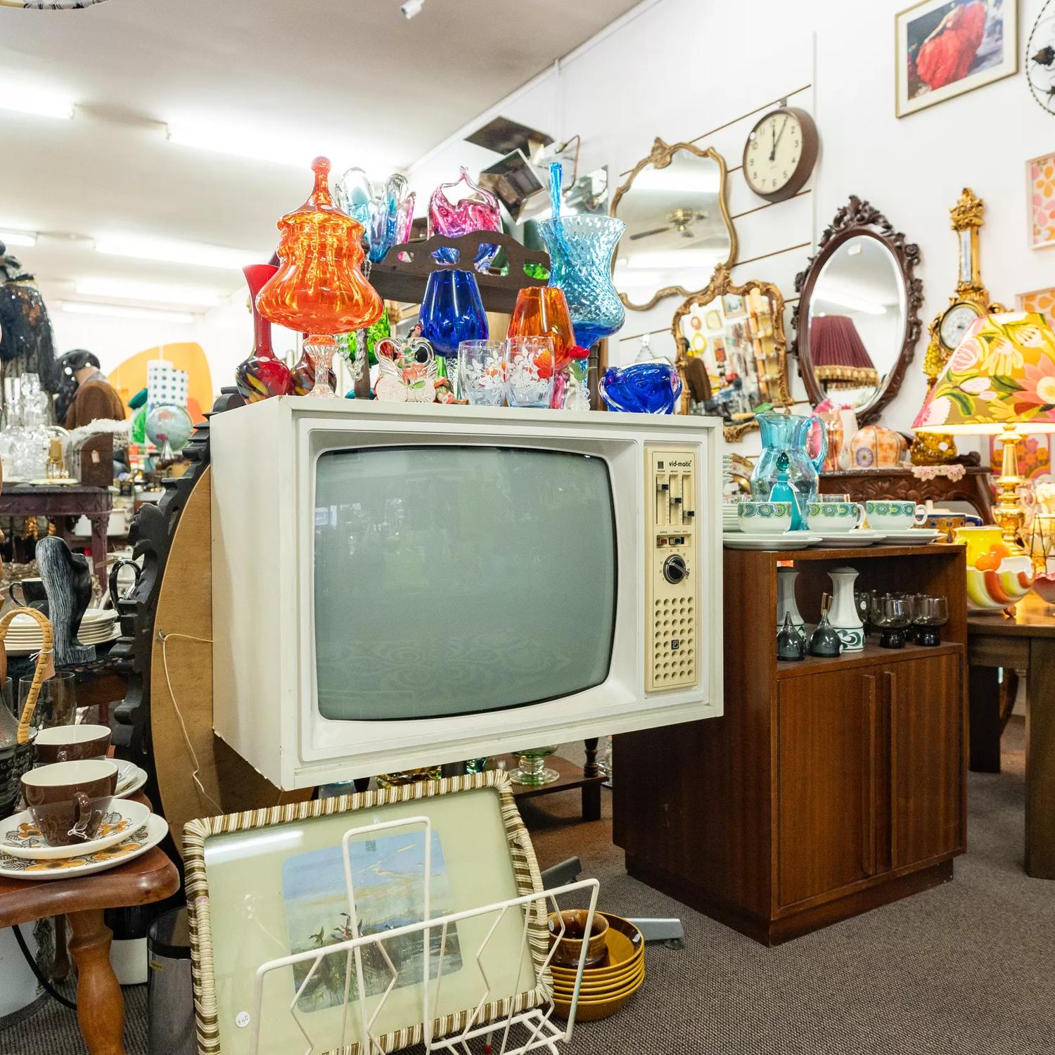 Colourful antiques adorn the interior of Take Me Back, Upper Hutt.