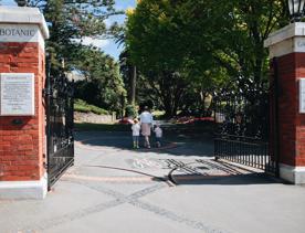 An adult and two kids hold hands and walk into the entrance gates at Wellington Botanic Garden.