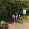 An adult and two children exit a forest trail next to a sign post with a map.