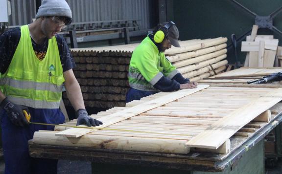 2 Juken workers measuring wood with tape measurers. 