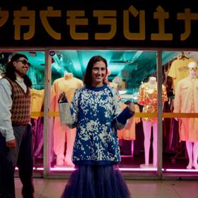 2 people standing outside the 'SPACESUIT' thrift store on Cuba Street at night time, with neon lights around them. One character is holding a purse, wearing an oversized blue jumper and blue skirt, and the other wears a vest and glasses. Mannequins sit in