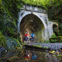 Two bikers going through a dark tunnel on the Rail Trail Section on the Remutaka Cycle Trail.
