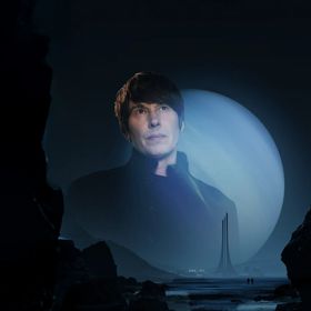A portrait of Brian Cox is overlayed onto a planet and seascape.