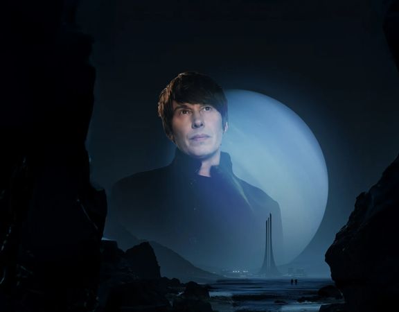 A portrait of Brian Cox is overlayed onto a planet and seascape.