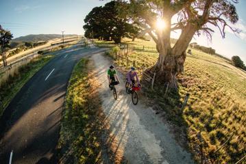 2 bikers cycling along the track next to the road, on the Western lake Road Section of the Remutaka Cycle Trail.