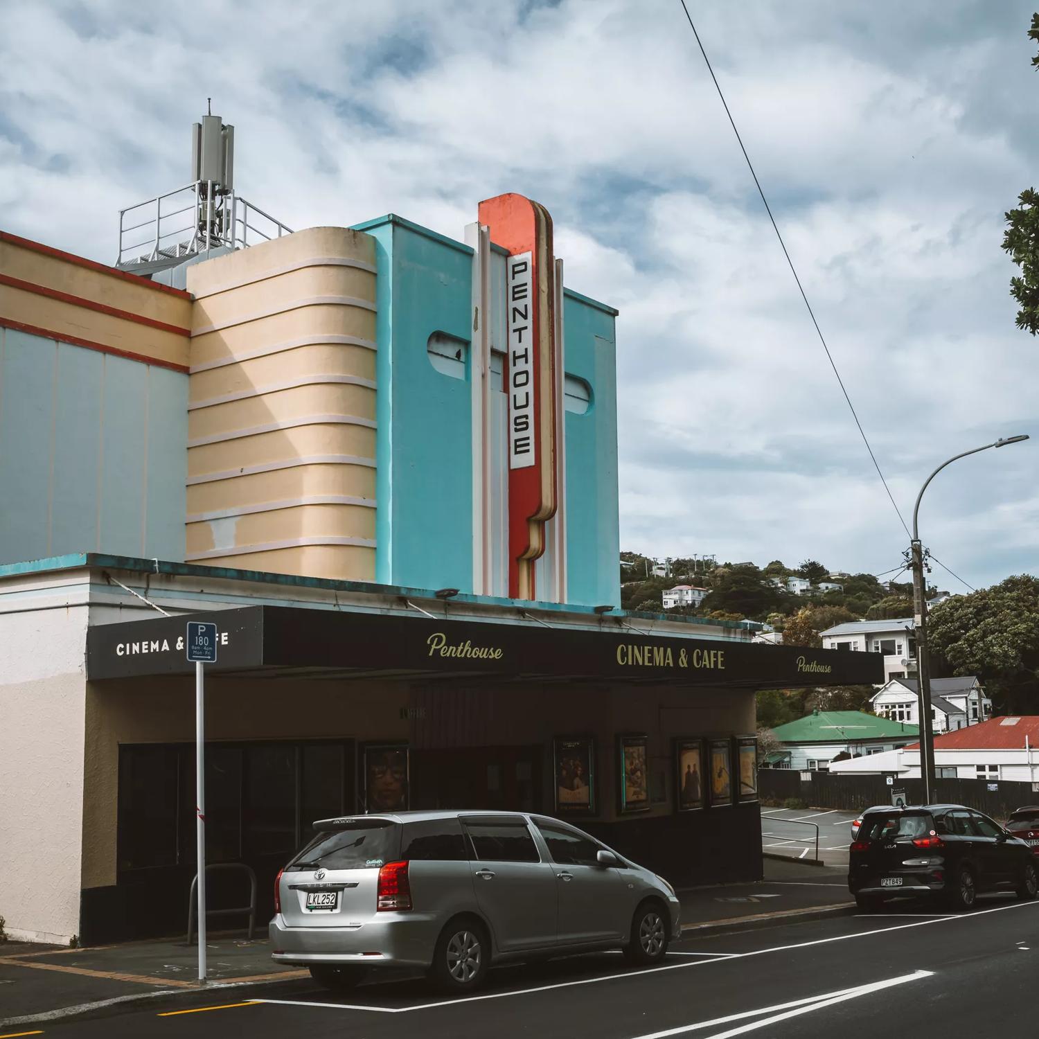 The exterior of Penthouse Cinema, an art deco-inspired boutique cinema in Brooklyn, Wellington.