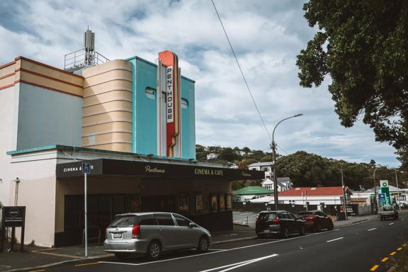 The exterior of Penthouse Cinema, an art deco-inspired boutique cinema in Brooklyn, Wellington.