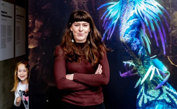 Megan dunn at her "Mermaid" exhibition at the Adam Gallery, Victoria University, 2022.