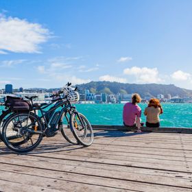 Two electric bikes from Switched On Bikes sitting on the Wellington waterfront, with two people sitting nearby enjoying the view of the city.
