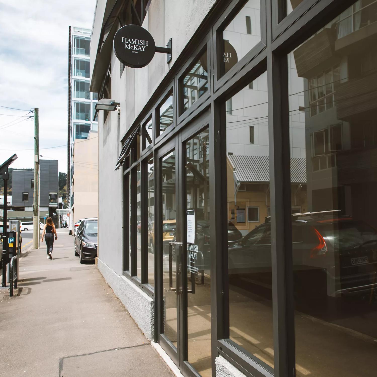 The storefront of Hamish McKay, an art gallery located in Te Aro, Wellington. 