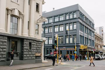 The corner of Cuba Street and Vivian Street in Te Aro, Wellington on a cold overcast day.