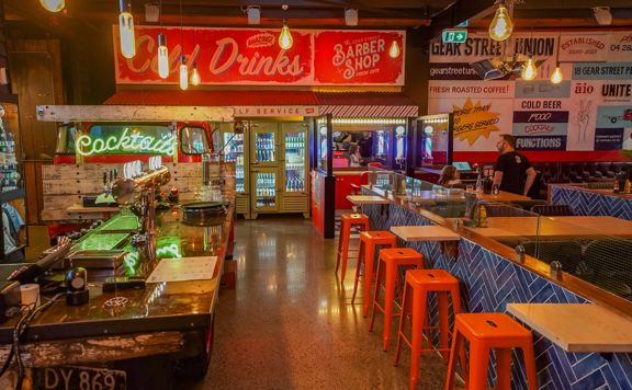 The vintage car themed interior of Gear Street Union Lower Hutt.