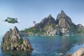 A shot from the TV show ‘Thunderbirds Are Go’ depicting the island the house sits on and CGI ocean.