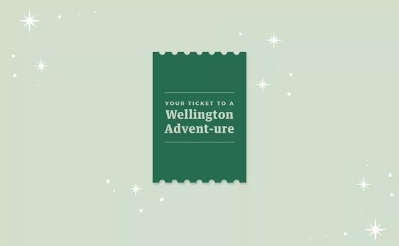 An illustration for Wellington Advent-ure 2023. There is a dark green ticket that reads "Your ticker to a Wellington Advent-ure" on a light green background.