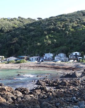 Breaker Bay on a sunny day, blue and green waves crashing on the stoney shore, with green cliffs surrounding.