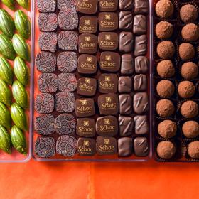 Three trays clear plastic of artisanal chocolates from Schoc Chocolates shop on a red-orange surface.