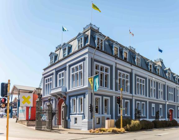 The exterior of the Wellington Museum, a historic building on Jervois Quay on the waterfront of Wellington Harbour.