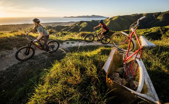 Two bikers rounding a corner on the MTB No.2 track on Whareroa Farm. In the background are Kapiti Island and coastal hills.