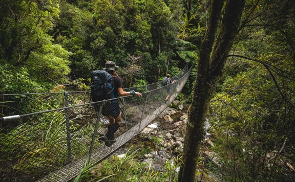Two trampers walking across a narrow swing bridge above a rocky river. They are surrounded by dense green native New Zealand bush.