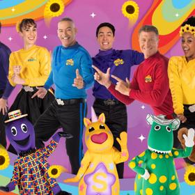 The Wiggles characters doing funky poses with a colourful background.