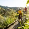 A child and an adult bike along a wooden boardwalk amongst bush in the Wainuiomata bike park.