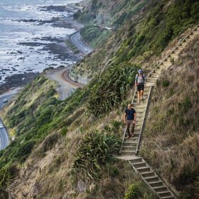 Two people walking down wooden steps on the Escarpment Track. The coastal road in the background has many cars on it, and nearby are large rocky outcrops on the shoreline.