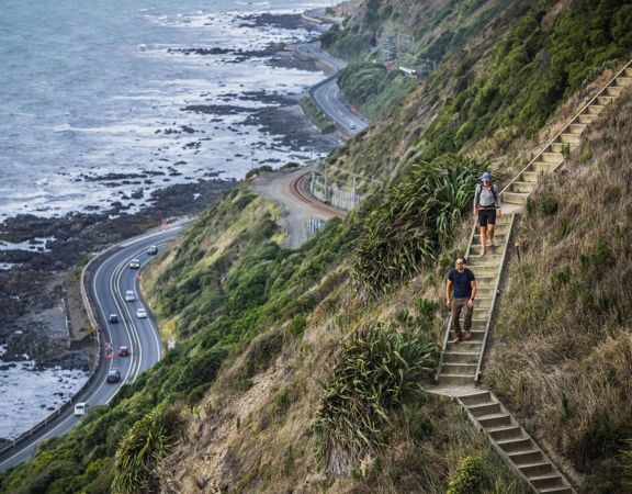 Two people walking down wooden steps on the Escarpment Track. The coastal road in the background has many cars on it, and nearby are large rocky outcrops on the shoreline.