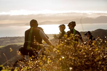 Four cyclists stop to rest by a bush in the early morning sunlight on Red Take Track at Whareroa Farm.